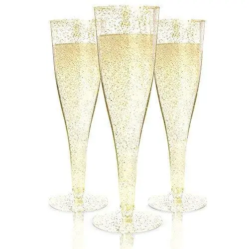 100-Pack Gold Glitter Disposable Champagne Flutes – Elegant Bulk Party Cups 1