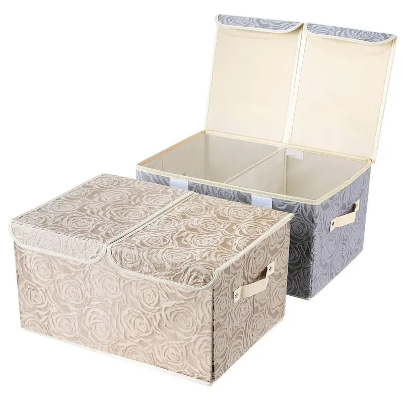 2-Pack Foldable Linen Drawer Organizers – Two-Section Washable Storage Bins With Handles & Lids For Toys, Clothes & Nursery Use (Grey + Khaki) 1