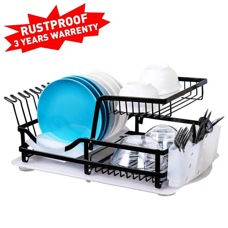 2-Tier Rustproof Dish Drying Rack – Iron Counter Drainer With Drain Board, Wine Glass & Utensil Holders 1