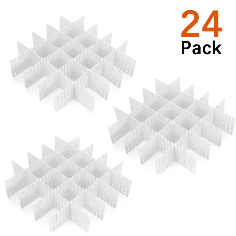 24-Piece Adjustable Plastic Grid Drawer Dividers – Thickened Modular Shelf Inserts For Socks, Underwear, Scarves & Stationery (White) 1