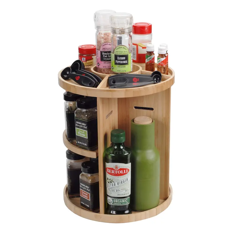 360° Rotating Bamboo Spice & Utensil Organizer – Adjustable Multi-Tier Kitchen Storage Rack 1