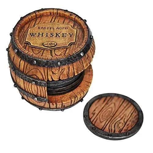 5-Piece Whiskey Barrel Coaster Set – Rustic Wooden Drink Coasters With Stand For Home, Bar, Or Man Cave Decor 1
