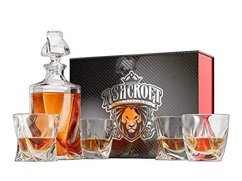 Ashcroft Twist Crystal Decanter Collection – 5-Piece Set Featuring Decanter + 4 Specialty Liquor Glasses 1
