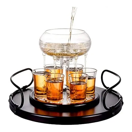 Bezrat Acrylic Shot Glass Dispenser Tray – Mahogany-Finish Serving Stand With 6 Slot Holder For Bars & Parties 1