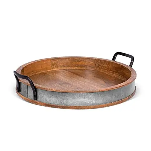 Birdrock Home Barrel-Top Wooden Serving Tray – Round Iron-Accented Breakfast Or Bar Tray 1