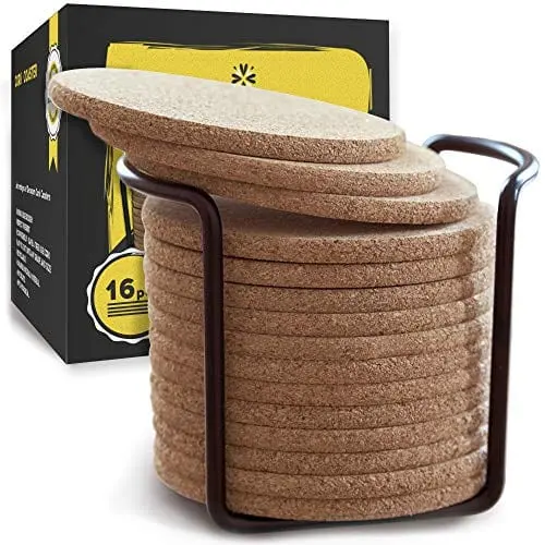 Cork Coaster Set With Metal Storage Caddy – 16-Piece Heat-Resistant, Absorbent Round Coasters (4") 1