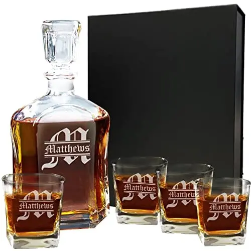 Custom-Engraved Whiskey Decanter Gift Set – 1 Carafe + 4 Matching Glasses 1