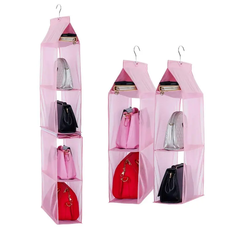 Detachable Hanging Purse Organizer – 6-Compartment Clear Handbag & Clutch Storage Pouch With Pink Accents For Wardrobes & Living Spaces 1