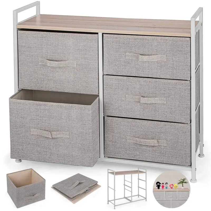 Happybuy 5-Drawer Fabric Storage Tower – Steel-Frame Dresser With Mdf Top & Removable Bins For Playroom, Hallway Or Bedroom – Beige, Tall Design 1