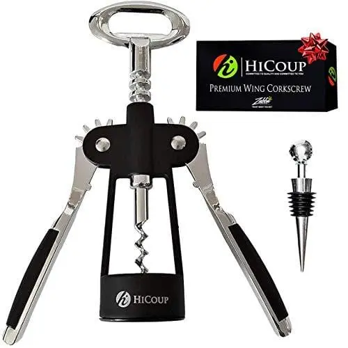 Hicoup Dual-Function Bottle Opener – Chrome & Matte Black Wing Corkscrew With Integrated Wine Stopper And Beer Cap Remover 1