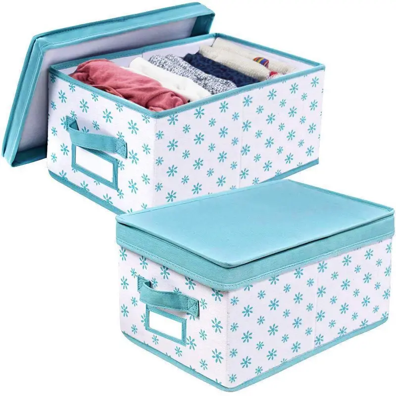 Homyfort Foldable Canvas Storage Bins With Lids – Set Of 2 Dresser Organizers For Bras, Ties & Underwear (White With Blue Floral Print) 1