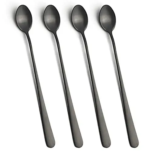 Iqcwood Stainless Steel Long Handle Tea Spoon Set – 9-Inch Black Bar Stirrers For Coffee, Iced Tea & Cocktails (4-Pack) 1