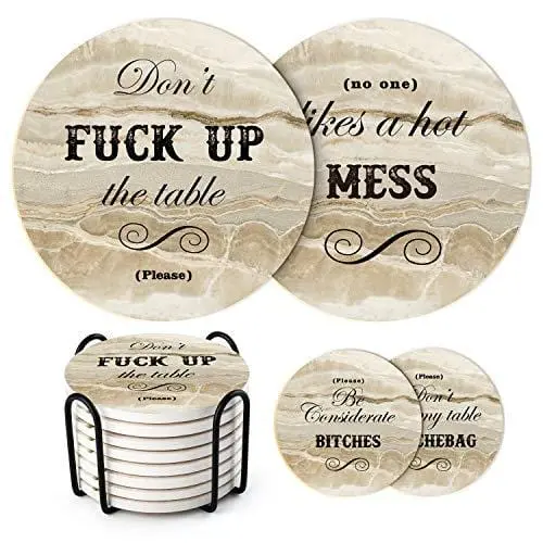 Lifver Absorbent Ceramic Coasters – 8-Piece Marble-Style Set With Cork Backing & Witty Sayings 1
