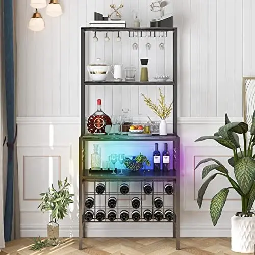Mjkone 4-Tier Freestanding Wine Bar Cabinet — Rgb Led Lighting, Built-In Glass Holder, Floor-Standing Kitchen Or Dining Room Beverage Station 1
