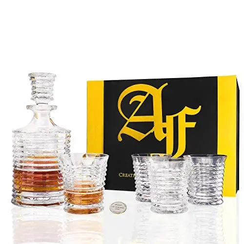 Pier Premium Lead-Free Crystal Decanter Set – 1 Carafe + 4 Glasses With Lucky Coin & Dishwasher-Safe Design 1
