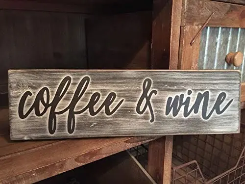 Pottelove Rustic Coffee & Wine Sign – Distressed Wood Bar Decor For Kitchen Or Home Bar Setup 1