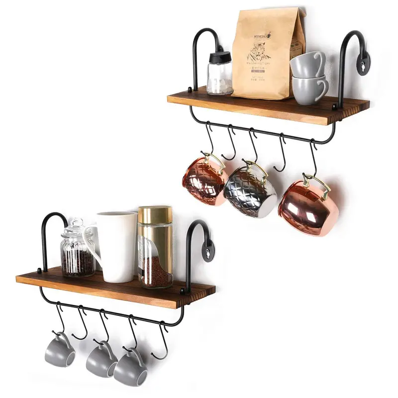 Rustic Wall-Mounted Floating Shelves For Kitchen Or Bathroom – Set Of 2 With 10 Adjustable Hooks 1