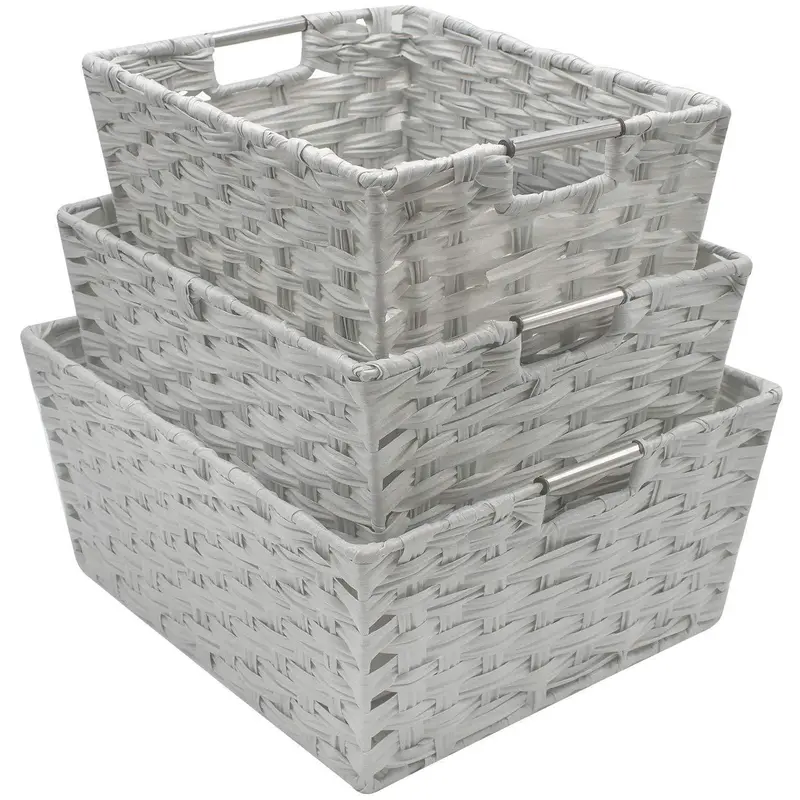 Sorbus Woven Stackable Storage Baskets – Set Of 3 Light Gray Fabric Bins With Carry Handles For Countertops, Nurseries, Desks & Cube Shelves 1