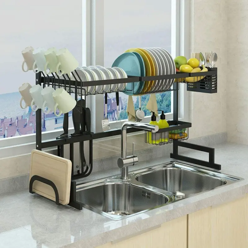 Stainless Steel Over-Sink Dish Drying Rack – 85Cm Black Drainer With Utensil Storage Shelf 1
