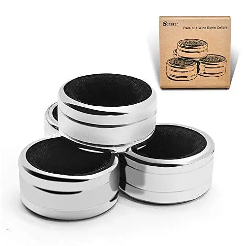 Sunnyac Wine Bottle Collars – Set Of 4 Stainless Steel Drip Rings, 1.6" Black Wave Design 1