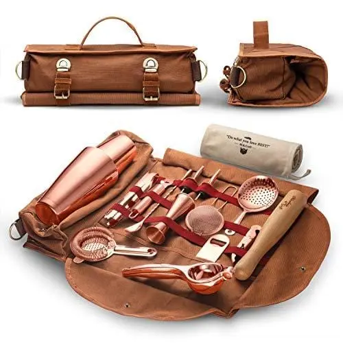 Travel Bartender Kit – 17-Piece Rose Gold Copper Bar Tool Set In Stylish Carry Bag With Shoulder Strap 1