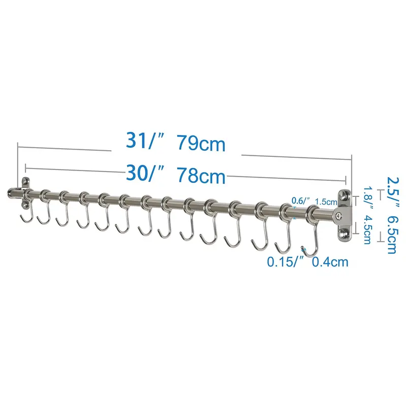 Webi Stainless Steel Sliding Hook Rail – 14 Removable S-Hooks For Kitchen & Bath Organization (Single Pack) 1