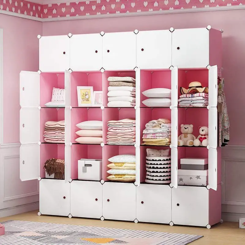 Yozo Pink Modular Wardrobe System – Portable Cloth Storage Cubes, Toy Cabinet, Bookshelf, And Dresser With 25 Interlocking Units 1